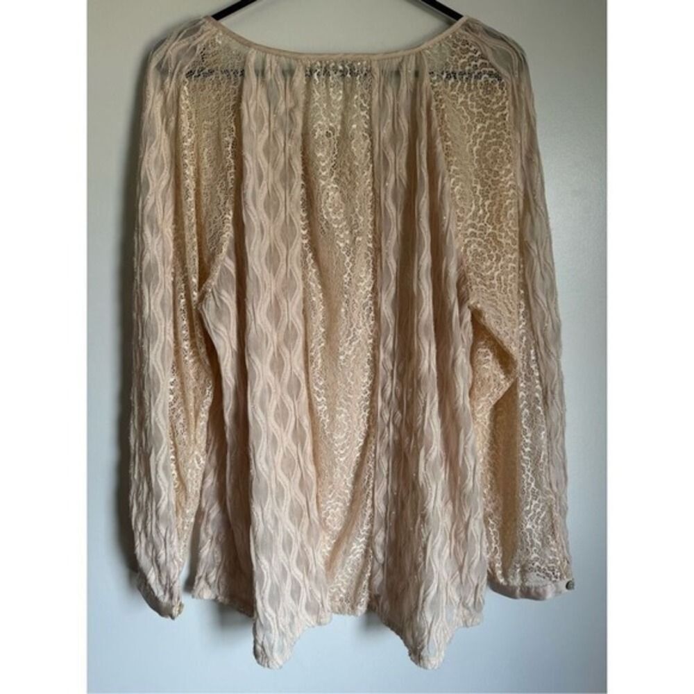 Roz and Ali Blush Lace Sheer Floral Tie Front Peasant Blouse sz 3X Boho Cottage - Picture 3 of 7